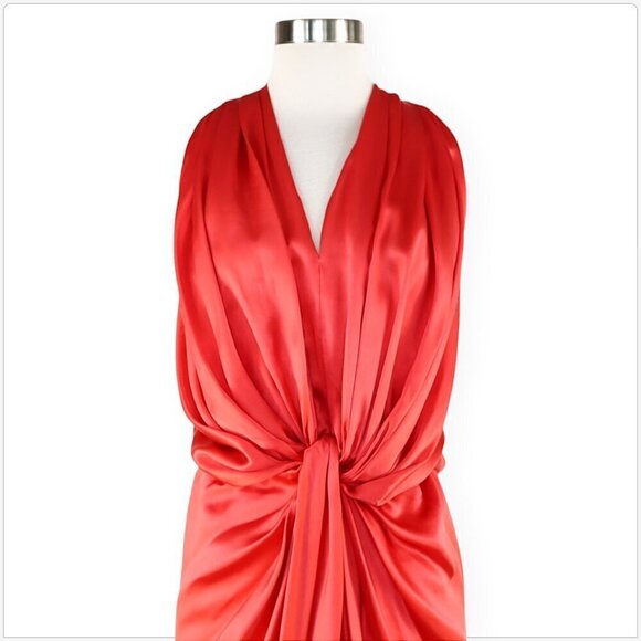 Lanvin Pink Geranium Knotted Draped Fluid Silk Satin Blouson Dress NEW NWOT 34 - Picture 6 of 11